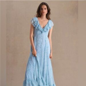 SACHIN & BABI IVY CHIFFON FLUTTER-SLEEVE RUFFLED V-NECK GOWN